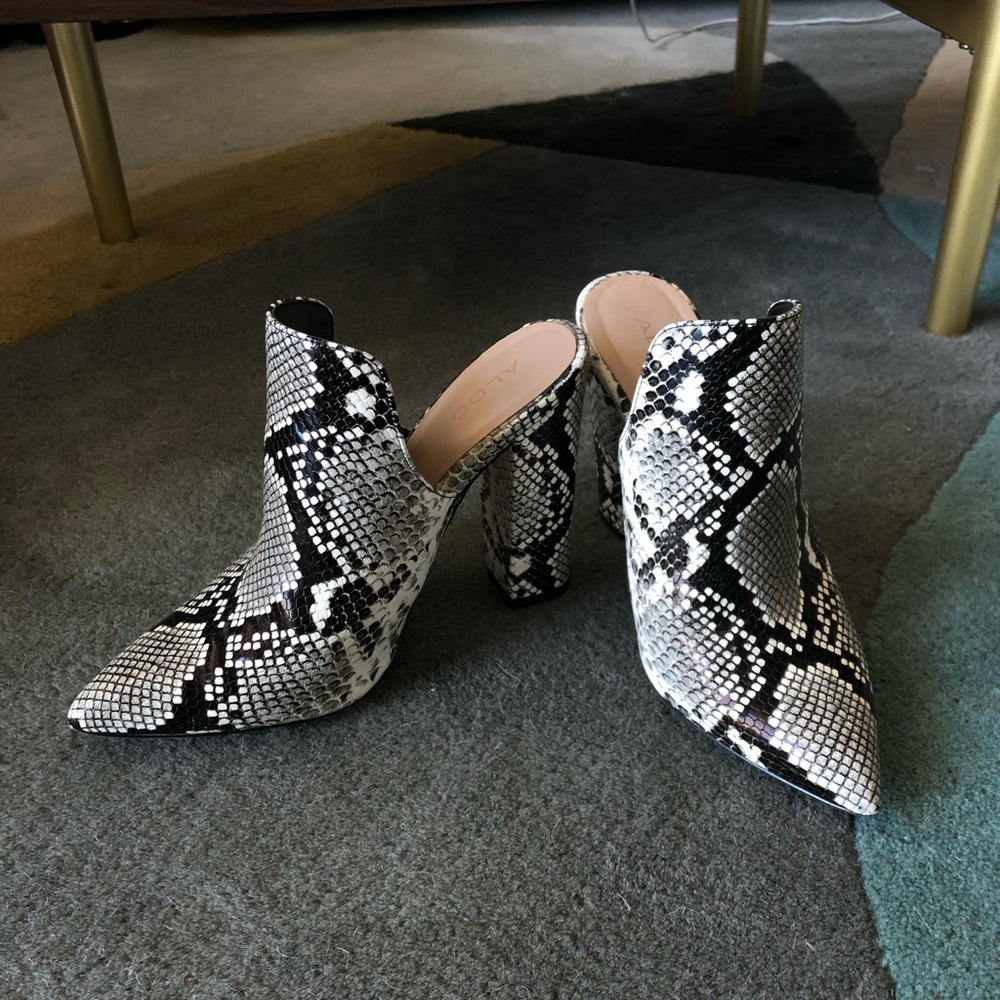 Gently used snakeskin mules